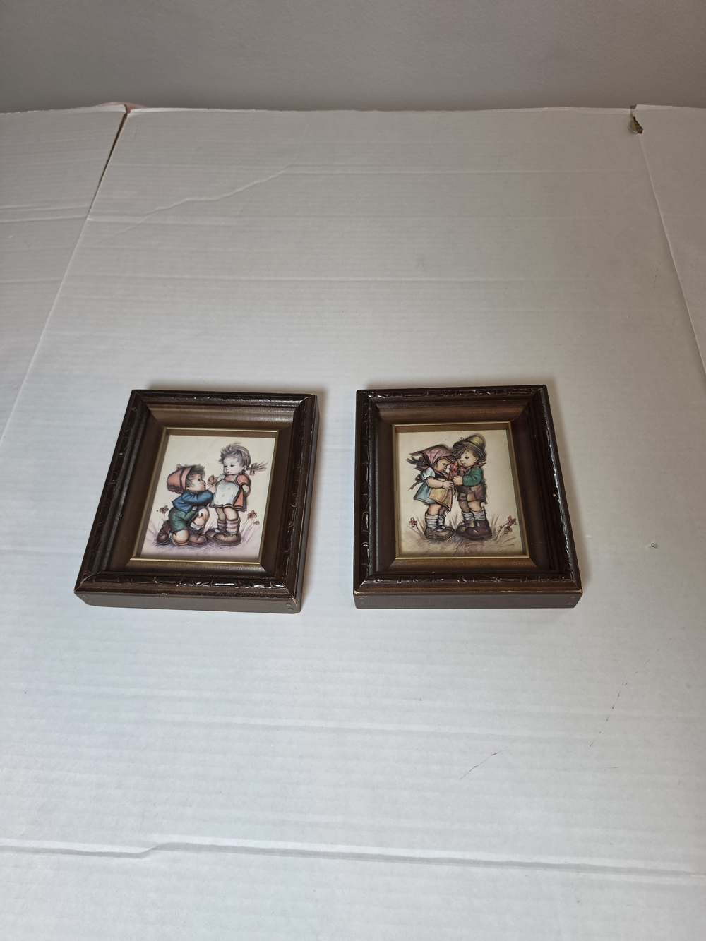 Vintage Goebel Hummel Wood Frame Picture Art Set of 2 Dark Brown Frame